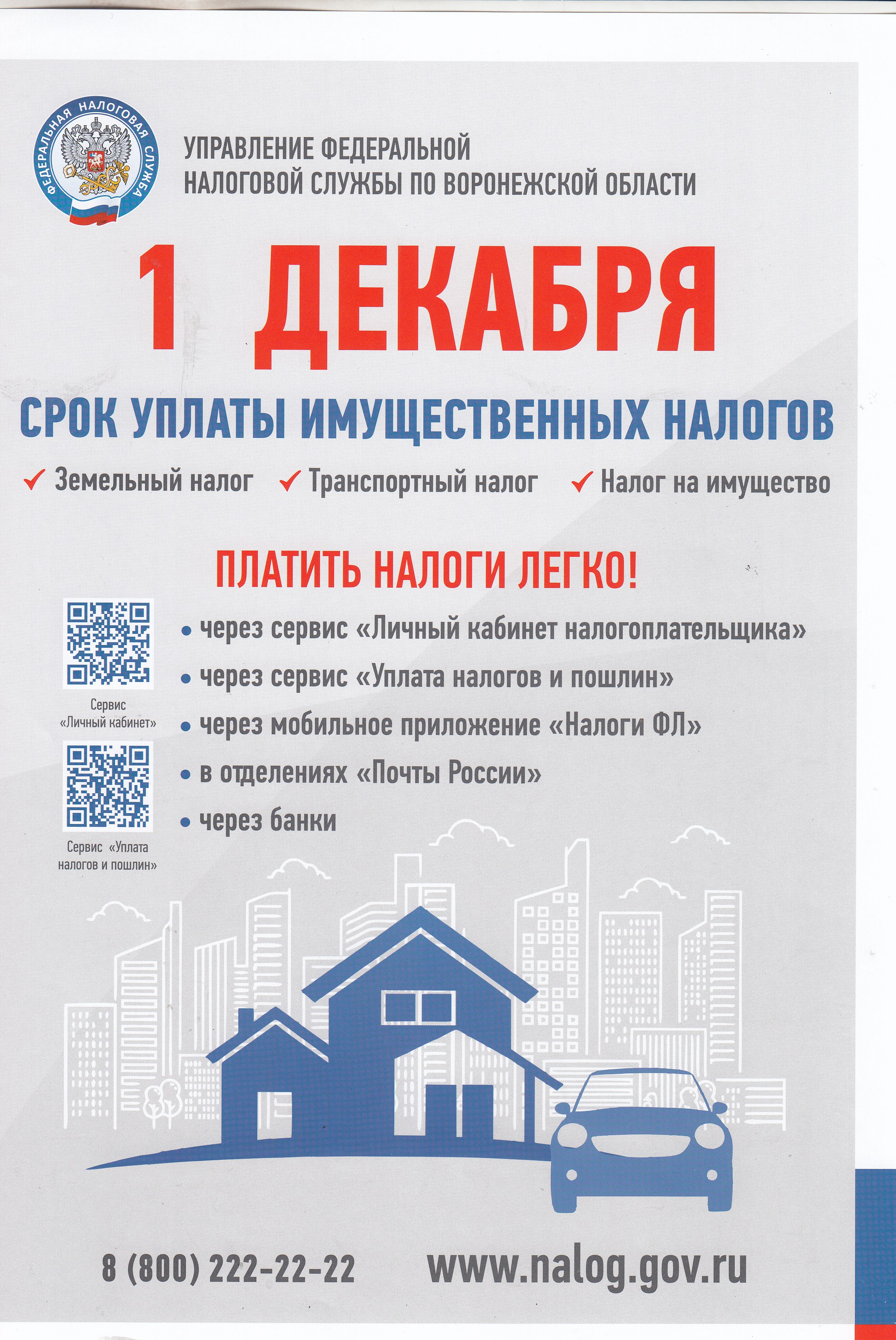 1 декабря срок уплаты имущественных налогов.